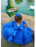 Royal Blue Pearl Rhinestone V Back Luxury Flower Girl Dress